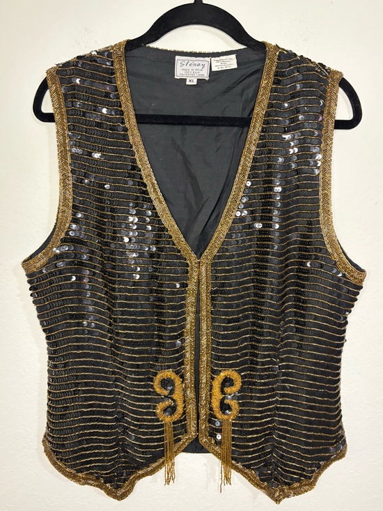 Stenay Jackets & Blazers - Vintage Stenay Black Sequin Beaded 100% Silk Vest with Gold Trim size XL